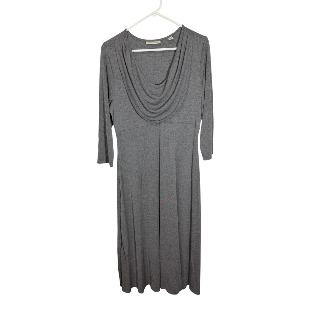 Coldwater Creek L Gray Cowl Neck‎ Empire Waist Midi Dress 3/4 Sleeve Officecore